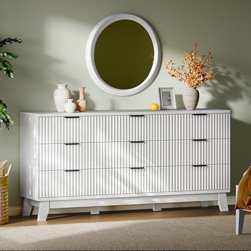 Xixini Fluted Dresser with 9 Drawers, 63" Wide Modern Chest of Drawers with Metal Handle, Wooden Dresser TV Stand, Wood Closet Clothes Storage Organizer for Bedroom, Living Room, Hallway, Solid White by Xixini