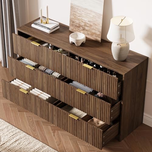 MAISONARIA 6 Drawer Dresser for Bedroom, 55" Wide Modern Chest of Drawers with Gold Metal Handles, Fluted Wood TV Stand for Living Room, Hallway, Walnut - Image 3