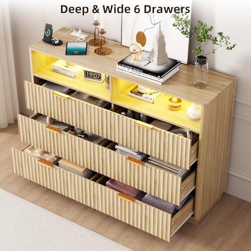 VOWNER Fluted 6 Drawers Dresser for Bedroom Chest of Drawers with 2 Shelves - Image 6