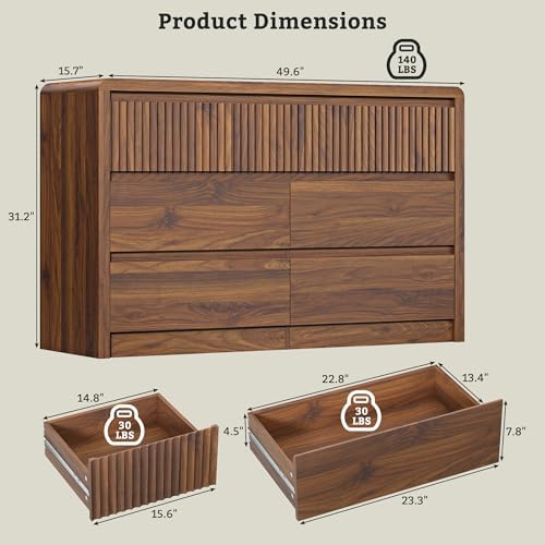 LYNSOM Walnut Fluted 7 Drawer Dresser for Bedroom, Curved Edge, 50" Wide - Image 2