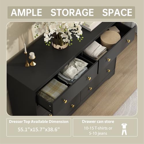 Black Dresser for Bedroom, 8 Drawer Dresser with Large Drawers, 51 Inch Wide Wood Chest for Living Room, Hallway - Image 4