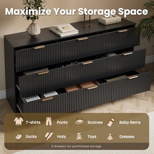 MALOL Fluted 9 Drawer Dresser for Bedroom, 59" Wide Wood Chest of Drawers with Metal Handle, Long Dresser Storage Organizer TV Stand for Closet, Living Room, Hallway, Black - Image 4