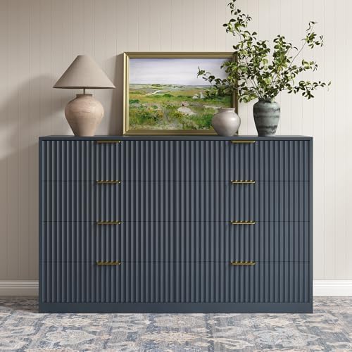 Navy Blue 8 Drawer Dresser for Bedroom, 55" Wide Fluted Chest of Drawers with Gold Metal Handles, Modern Wooden Dresser, Closet Storage Organizer Mid Century TV Stand for Living Room Hallway by RESOM