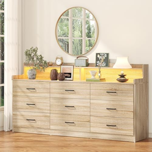 Bigbiglife 9 Drawer Dresser with Built-in Power Outlet, Mid Century Modern Chest of Drawers for Bedroom,63'' Triple Wide Dresser Storage Cabinet for Closet, Living Room, Entryway,Light Wood by Bigbiglife