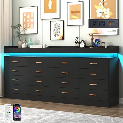 Hlivelood 16 Drawer Dresser with LED Light and Charging Station, Modern Chest of Drawers for Closet, Wide Drawer Organizer Cabinet, Living Room, Entryway, Hallway, Black by Hlivelood