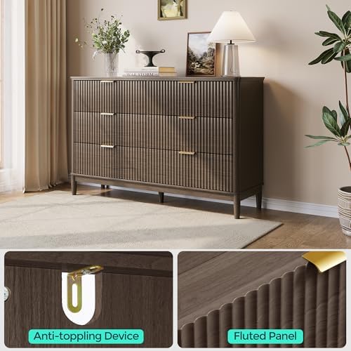LINSY Fluted Dresser for Bedroom with 6 Drawers, Mid Century Modern Chest of Drawers with Gold Metal Handles, Wide Boho Wood Dressers, Large Farmhouse Storage Cabinet for Bedroom, Living Room, Walnut - Image 4