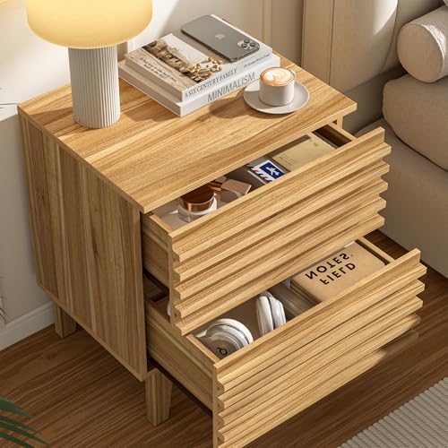 Wood Slat Nightstand, Natural Wood Textured Bedside Table with 2 Drawer Handle-Free Metal-Glide Drawer for Bedroom - Image 4