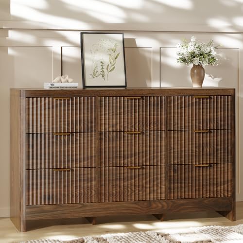 Fluted 9 Drawer Dresser for Bedroom, 59" Horizontal Wide Modern Low Profile Chest of Drawers with Metal Handle & Storage, Long Wooden Dresser TV Stand for Living Room & Closet, Walnut Brown Dresser - Image 7