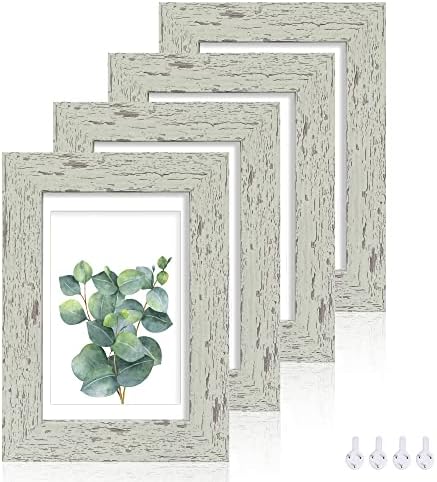 Hongkee 4x6 Picture Frame Set of 4, Made of Real Glass and Sage Green Wooden Frame, 4 by 6 Photo for Wall or Tabletop - Display Picture 3.5x5 with Mat or 4x6 Without Mat by Hongkee