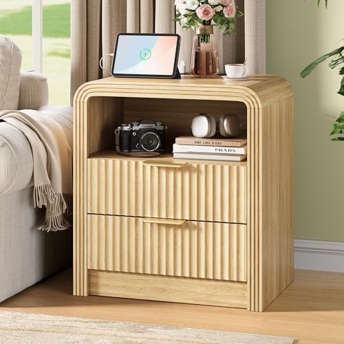 Decofy Fluted Nightstand Set of 2 with Charging Station, 2 Drawers, Oak - Image 2