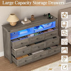 Wodeer 9 Drawer Dresser for Bedroom with LED Lights, Charging Station, Wood Chest of Drawers with Metal Handles, Modern TV Stand & Storage Organizer for Bedroom, Hallway, Grey - Image 6