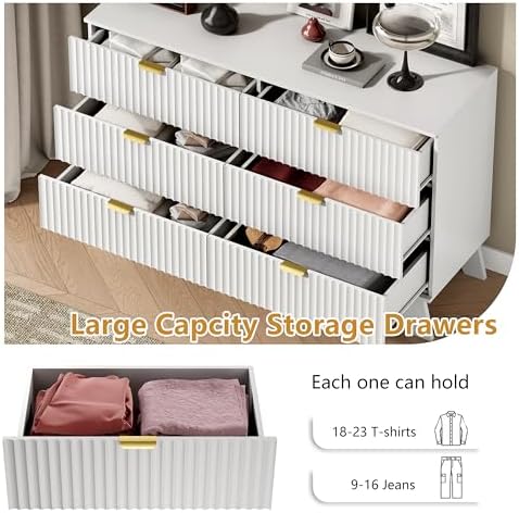 Wodeer 6 Drawer Fluted Dresser for Bedroom, Mid Century Modern Dresser with 6 Drawers, Dressers & Chests of Drawers with Metal Handle, TV Stand & Storage Organizer for Entryway, Hallway, White - Image 4