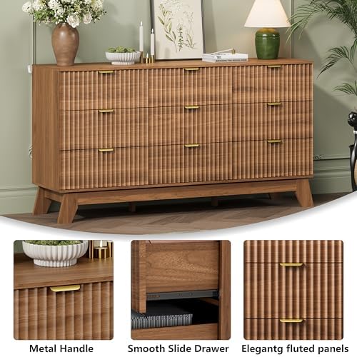 Wodeer 9 Drawer Fluted Dresser for Bedroom, Mid Century Modern Wooden Dresser with 9 Drawers, Dressers & Chests of Drawers with Metal Handle, TV Stand & Storage Organizer for Entryway, Hallway, Walnut - Image 5