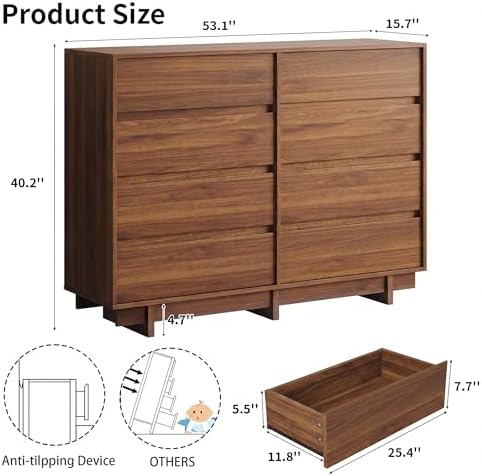 HOUROM Walnut Dresser for Bedroom, 53in Modern 8 Drawer Chest of Drawers - Image 2
