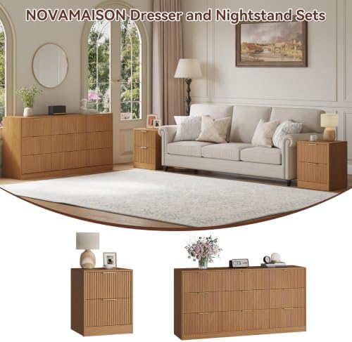 6 Drawer Dresser & 2-Drawer Nightstand Set 3-Piece, Natural Wood丨55 Wide Bedroom Set Night Stand Set of 2 with Metal Handle, Fluted Wood Chest of Drawers Storage Dressers Set for Bedroom - Image 2
