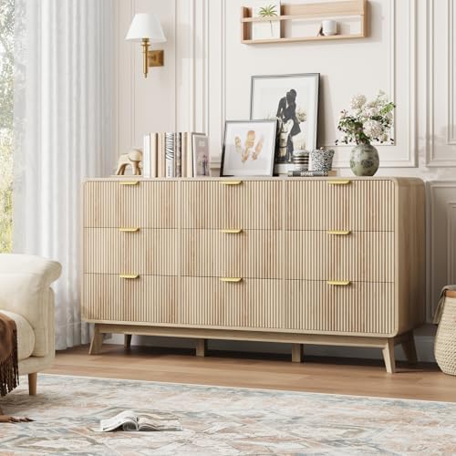 QUW Fluted 59.1" Wide Modern Dresser for Bedroom with 9 Drawers, Tall Chest of Drawers with Metal Handle, Wooden Dresser TV Stand, Hallway, Living Room, Natural Oak - Image 5
