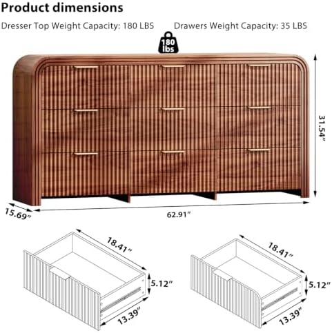 Ieejdn 62.91" Modern Chest of Drawer, 9 Deep Drawers,Clothes Organizer,Large Storage Cabinet for Living Room, Bedroom,Dresser TV Stand, Wood Drawer Organizer for Living Room, Hallway, ​​Chestnut - Image 2