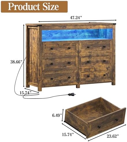 Wodeer Brown Dresser 6 Drawer Dressers for Bedroom with LED Lights, Charging Station, Wood Chest of Drawers with Metal Handles, Modern TV Stand Storage Cabinet for Living Room, Hallway, Entryway - Image 2