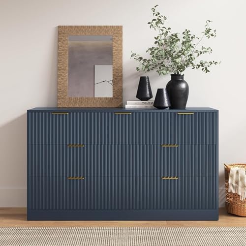 Navy Blue 7 Drawer Dresser for Bedroom, 55" Wide Fluted Chest of Drawers with Gold Metal Handles, Modern Wood Dresser Closet Storage Organizer Mid Century TV Stand for Living Room Hallway - Image 6