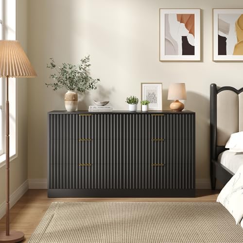 Black 6 Drawer Dresser for Bedroom, 55" Wide Fluted Chest of Drawers with Gold Metal Handles, Wood Dresser Storage Organizer Mid Century TV Stand for Living Room Closet Hallway - Image 5