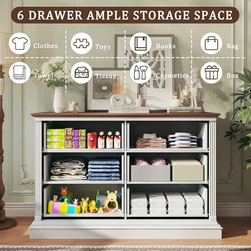 HUAHUU Farmhouse 6 Drawer Dresser for Bedroom, 47" Wide Chest of Drawers with Roman Column, White Wood Dresser with Antique Bronze Circle Handles, Storage Organizer for Living Room, Hallway, Entryway - Image 4