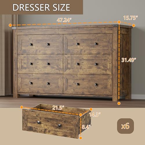 BORNOON 6-Drawer Dresser, Modern Wooden Storage Chest of Drawers, Dresser TV Stand, Wood Drawer Organizer with Metal Handles for Bedroom, Living Room, Hallway - Image 2
