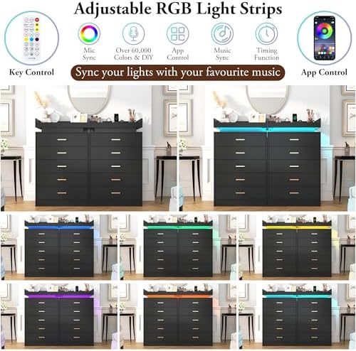 Hlivelood 5 Drawer Dresser with LED Light and Charging Station, Modern Chest of Drawers for Closet, Wide Drawer Organizer Cabinet, Living Room, Entryway, Hallway, Black - Image 6