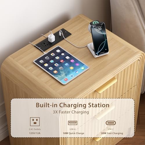 Decofy Fluted 3-Drawer Nightstand with Charging Station,Natural Oak - Image 3