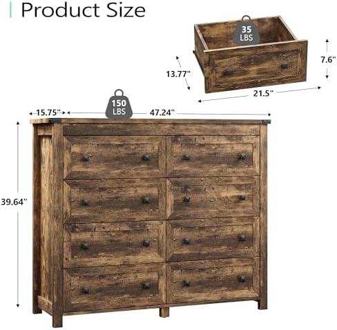 Xixini 47.2" Wide 8-Drawer Farmhouse Dresser for Bedroom, Brown - Image 3