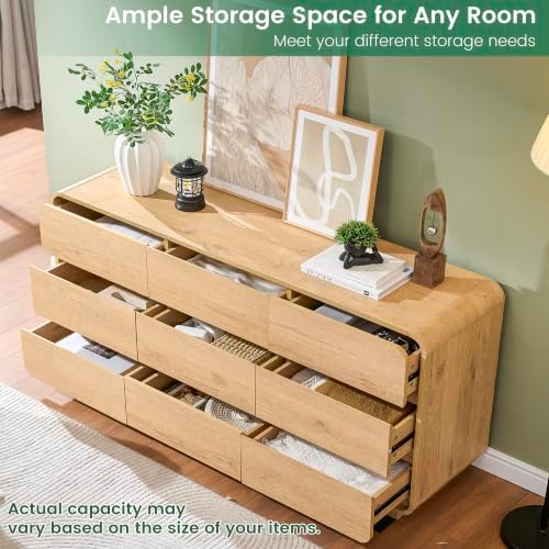Standifurno Natural Dresser for Bedroom with 9 Drawers, 63" Wide Modern Drawers with Curved Design, Wood Drawer Organizer for Living Room, Hallway - Image 4
