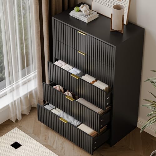 MAISONARIA 5 Drawer Dresser for Bedroom, Tall Dresser Chest of Drawers with Gold Handles, 32 Inch Wide Nightstand with for Bedroom, Living Rooms, Offices, and Entryways, Black - Image 4