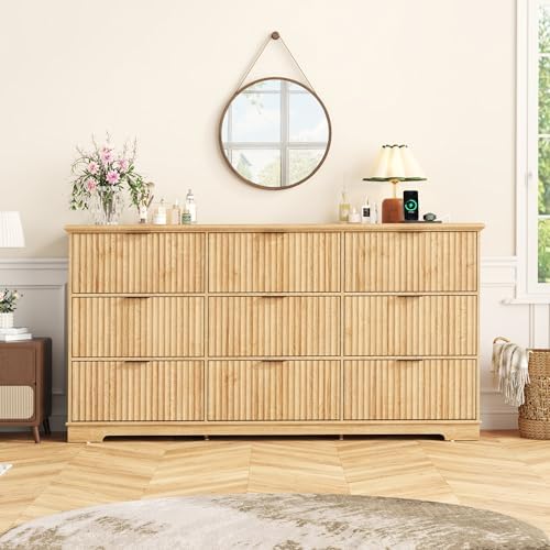 Squireewo Fluted 9 Drawers Dresser for Bedroom, 63" Wide Modern Chest of Drawers with Power Outlet and Deep Drawers, Large Dresser TV Stand for Living Room, Hallway, Kids Room, Oak - Image 6