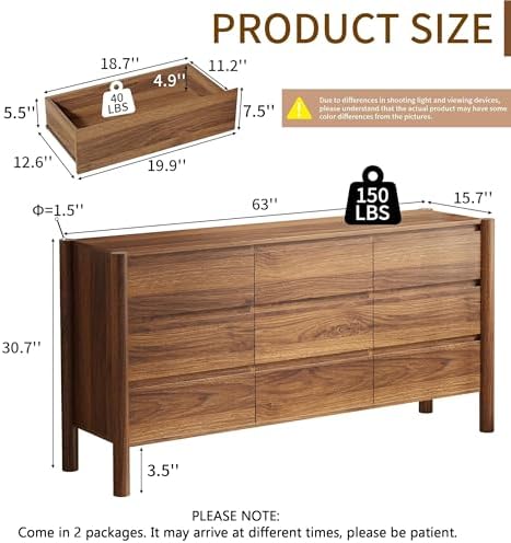 CHUWELL 63" Wide Walnut 9 Drawer Dresser for Bedroom with Solid Wood Legs - Image 2