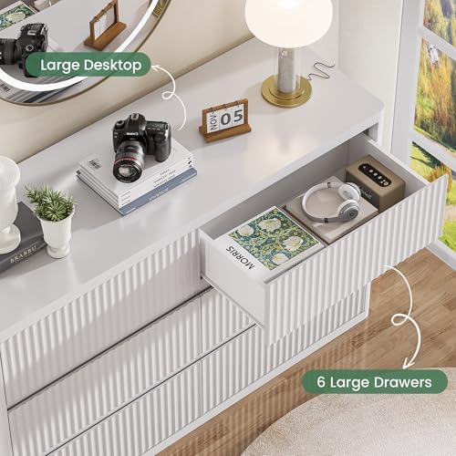 Standifurno White Fluted Dresser for Bedroom with 6 Drawers, 48" Wide Modern Curved Chest of Drawers, Wooden Dresser TV Stand, Wood Closet Clothes Storage Organizer for Living Room - Image 7
