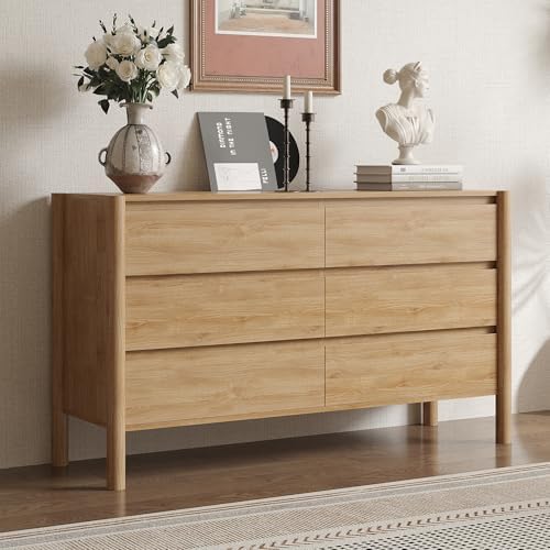 CHUWELL 47.2" Wide Oak 6 Drawer Dresser for Bedroom with Solid Wood Legs - Image 6