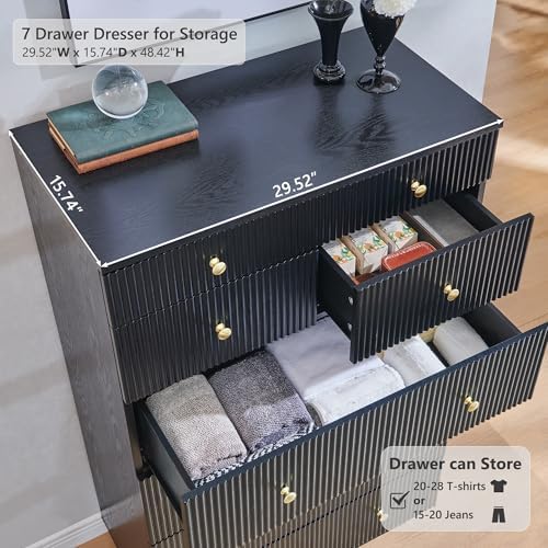 Fluted 7 Drawers Dresser for Bedroom, 48" Tall Modern Dressers & Chest of Drawers with Metal Handle, Wood Closet Clothes Storage Organizer,Storage Dressers Organizer for Hally/Living Room, Natural - Image 3