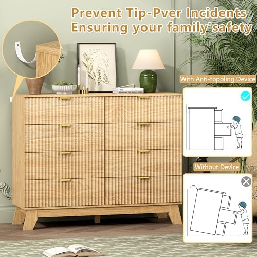 Wodeer 8 Drawer Fluted Dresser for Bedroom, Mid Century Modern Wooden Dresser with 8 Drawers, Dressers & Chests of Drawers with Metal Handle, TV Stand & Storage Organizer for Entryway, Hallway, Oak - Image 6