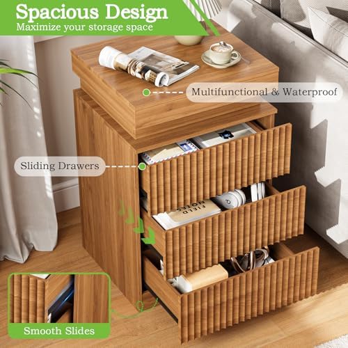 Fluted LED Night Stand with Charging Station, Walnut - Image 5