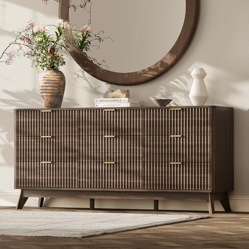 63" Wide Fluted 9 Drawers Dresser for Bedroom,Curved Edge,Walnut by TROJMHome