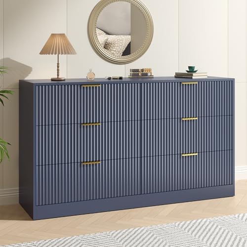 Blue Dresser with 6 Drawer 55" Wide Fluted Dresser for Bedroom丨Modern Chest of Drawer with Metal Handles, Wood TV Stand for Bedroom, Living Room, Entryway, Hallway, Blue by NOVAMAISON