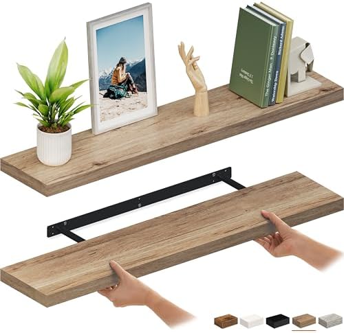 Ballucci Floating Shelves for Wall, 48" Wood Wall Shelf Set of 2, with Invisible Brackets for Bathroom, Living Room, Bedroom, Kitchen, Nursery, 8" Deep, Oak Finish by Ballucci