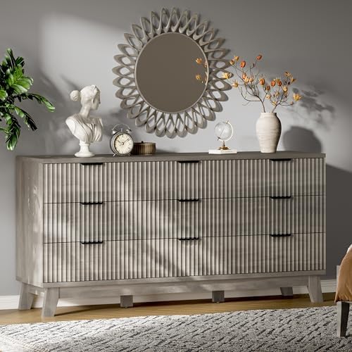 Xixini Fluted Dresser with 9 Drawers, 63" Wide Wood Chest of Drawers with Metal Handle, Wooden Dresser TV Stand, Modern Closet Clothes Storage Organizer for Bedroom, Living Room, Hallway, Light Grey by Xixini
