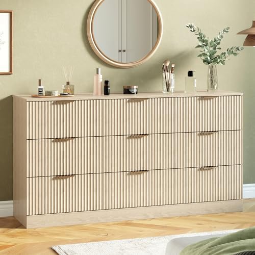 MALOL Fluted 9 Drawer Dresser for Bedroom, 59" Wide Wood Chest of Drawers with Metal Handle, Long Dresser Storage Organizer TV Stand for Closet, Living Room, Hallway, Natural Wood by MALOL