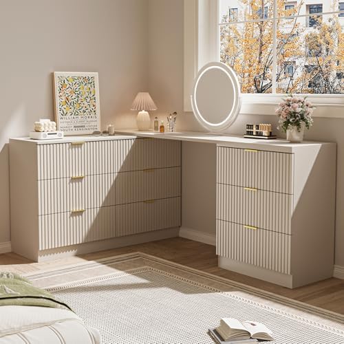 MAISONARIA L-Shaped Rotatable 9 Drawer Dresser for Bedroom, 71" Wide Deformable Beige Dresser with Gold Metal Handles, Modern Fluted Chest of Drawers for Bedroom, Living Room, Entryway, Hallway by MAISONARIA