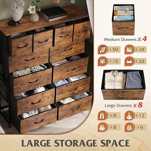 WLIVE 12 Drawer Tall Fabric Dresser Bedroom Storage Chest, Rustic Brown - Image 5