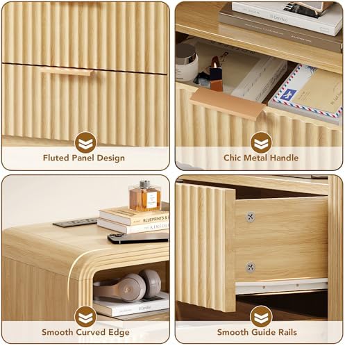Decofy Fluted 2-Drawer Nightstand Set of 2 with Charging Station, Oak - Image 3
