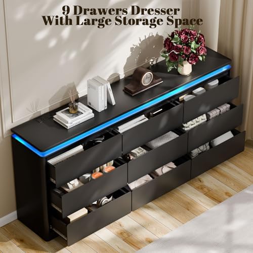 9 Drawer Dresser for Bedroom, 63" Long Black Chest of Drawers w/LED Lights - Image 3