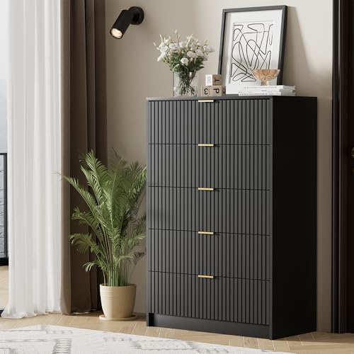 Furniway Black Dresser for Bedroom, Modern Dresser with 5 Drawers and Smooth Slides, Wide Chest of Drawers with Golden Handles for Bedroom, Living Room, Closet, 15.7" D x 31.5" W x 47.2" H - Image 7