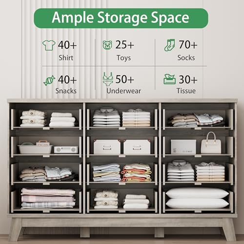 Xixini Fluted Dresser for Bedroom with 12 Drawers, 57" Wide Modern Chest of Drawers with Metal Handle, Wooden Dresser TV Stand, Wood Closet Clothes Storage Organizer for Living Room, Hallway, Grey - Image 3
