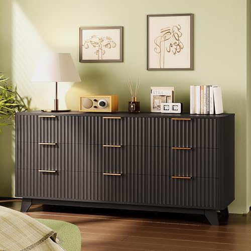 Bonnlo Fluted Dressers Chest of Drawers,57" Fluted Wide Modern Dresser with Metal Handle, Curved Profile Design, Wood Drawer Organizer for Bedroom, Black by Bonnlo